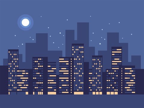 Night city background. Silhouette with stars and moon at the sky. Vector illustration.