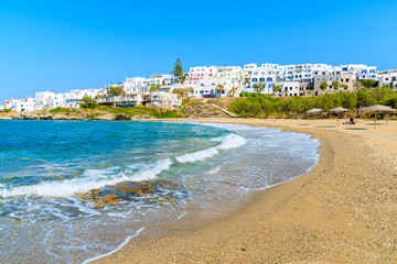 View of beautiful beach in Naoussa town, Paros island, Greece