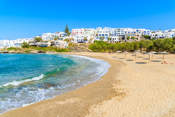 View of beautiful beach in Naoussa town, Paros island, Greece - obrazy, fototapety, plakaty