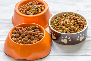 dry dog food in bowl on wooden background
