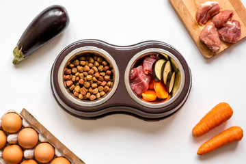 ingredients for pet food holistic top view on white background