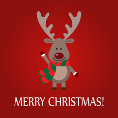 Christmas greeting card with a deer on a red background