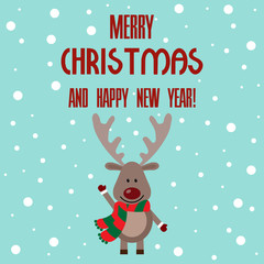 Vector illustration of a deer with text merry christmas and happy new year on a snow background