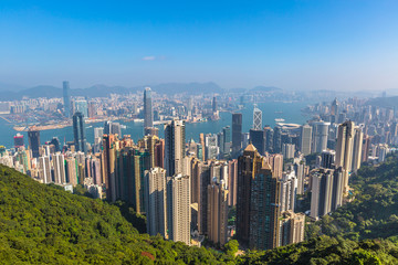 Obraz premium Aerial view of Victoria Harbour and skyscrapers from Lugard Road Lookout, the panoramic point most photographed within the Peak Circle Walk. The Victoria Peak, the highest mountain in Hong Kong Island