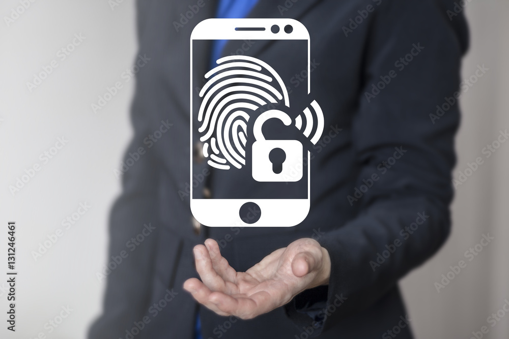 Poster business mobile web security smart phone access identification concept. smartphone icon with finger 