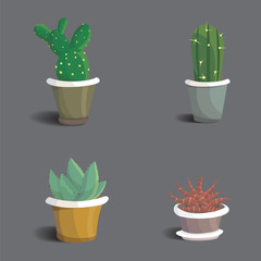 Collection of abstract cactuses in flower pot. Home vector cactus