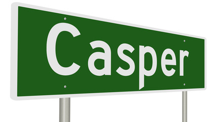 A 3d rendering of a green highway sign for Casper, Wyoming