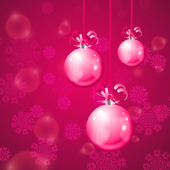 Fototapeta na wymiar Christmas balls on pink background with snowflakes