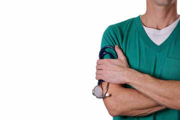 Fototapeta premium Portrait an unknown male doctor with a stethoscope isolated on white background. Health care and medical concept.