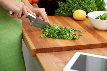 Closeup of woman hands cooking vegetables salad in kitchen. Healthy meal and vegetarian concept.