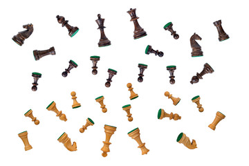 all black and white chess pieces set falling on white background
