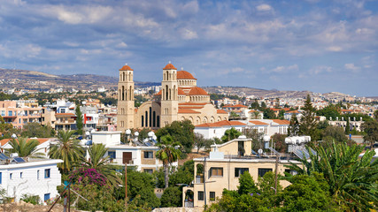 The panorama of Paphos with Agioi Anargyroi Orthodox Cathedral, Cyprus.