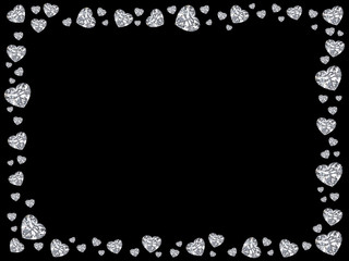 3D illustration Group of diamonds hearts rectangle frame on a black background