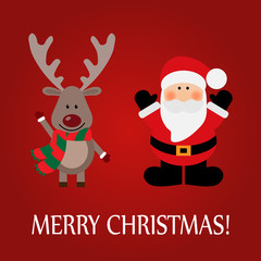 Christmas greeting card with a deer and Santa Claus on a red background