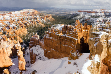 Fresh Snow Blankets Bryce Canyon Rock Formations Utah USA