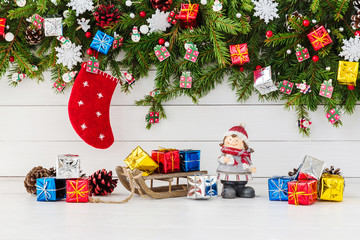 Christmas background. Decorated Christmas fir tree branch, copy space 