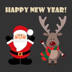 Fototapeta na wymiar Vector illustration of a Santa and deer with text happy new year on a gray background