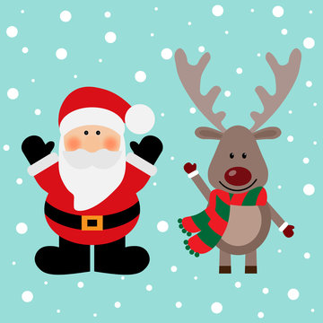 Vector illustration of a Santa and deer on a snow background