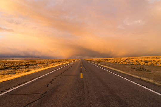 Orange Sunset Open Road Two Lane Highway Horizontal