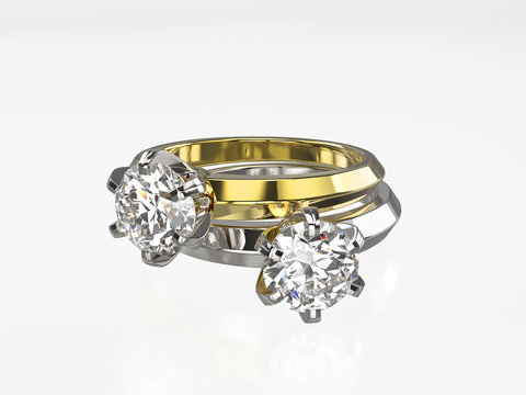 3D illustration two silver and gold rings with diamonds on a grey background