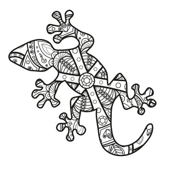 Vector illustration of a black and white mandala gecko for coloring book, geco mandala in bianco e nero da colorare vettoriale