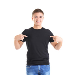 Handsome young man in blank black t-shirt on white background