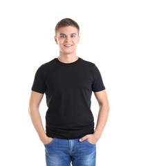 Fototapeta premium Handsome young man in blank black t-shirt on white background