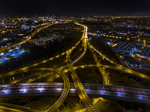 Night Aerial Shot Of Spaghetti Junction In Birmingham,UK.