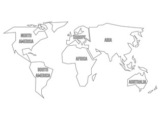 Naklejka premium Simplified black outline of world map divided to six continents with labels. Simple flat vector illustration on white background.