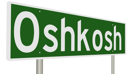 A 3d rendering of a green highway sign for Oshkosh, Wisconsin