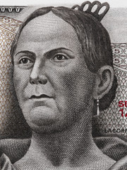 Josefa Ortiz de Dominguez (1773 - 1829) portrait on on Mexico 5 pesos (1971) banknote closeup...