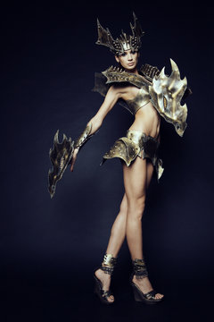 Woman in fantasy metallic armor