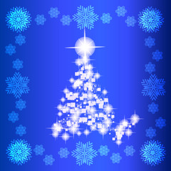 Background in abstract blue and white colors with christmas tree. Illustration.