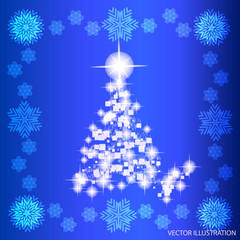 Background in abstract blue and white colors with christmas tree. Vector illustration.