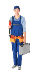 Plumber with tools on white background