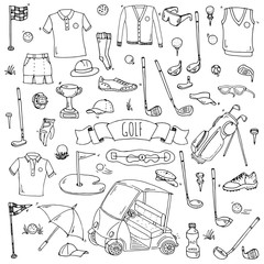 Hand drawn doodle Golf icons set. Vector illustration. Game collection. Cartoon golfing various sketch elements: clubs, tee, bag, cart, sport cloth, shoes, polo shirt, umbrella, flag, hole, grass.