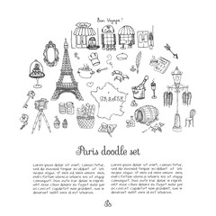 Set of hand drawn French icons, Paris sketch illustration, doodle elements, Isolated national elements made in vector. Travel to France icons for cards web pages, Paris symbols collection Eiffel tower © natashapankina