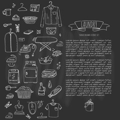 Hand drawn doodle Laundry set Vector illustration washing icons Laundry concept elements Cleaning business symbols collection Housework Equipment and facilities for washing, drying and ironing clothes