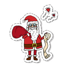 Obraz premium Hand drawn doodle Santa Claus with gifts list icon. Vector illustration. Cartoon red hat Happy new year Santa Claus symbol Sketchy funny Merry Christmas element Traditional holiday present decoration.