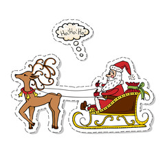 Hand drawn doodle Santa Claus with gifts on sleigh with christmas deer icon. Vector illustration Cartoon red hat Happy new year Santa Claus Sketchy funny Merry Christmas Traditional holiday decoration
