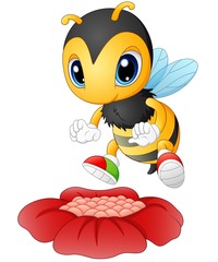 Cartoon bee happy to see the flower