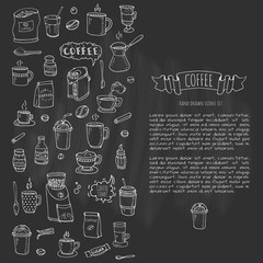 Hand drawn doodle Coffee time icon set Vector illustration isolated drink symbols collection Cartoon various beverage element: mug, cup, espresso, americano, irish, decaf, mocha, coffee making machine