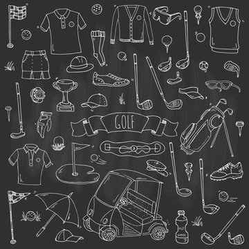 Hand drawn doodle Golf icons set. Vector illustration. Game collection. Cartoon golfing various sketch elements: clubs, tee, bag, cart, sport cloth, shoes, polo shirt, umbrella, flag, hole, grass.