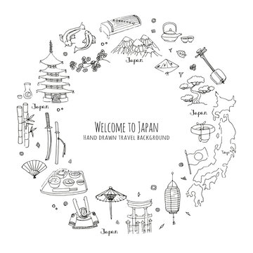 Hand drawn doodle Welcome to Japan set. Vector illustration. Sketchy Japanese related icons, Japan elements, map, pagoda, umbrella, sumo, sake, samurai, Fuji, food, sakura, fish, salmon, bamboo, sushi