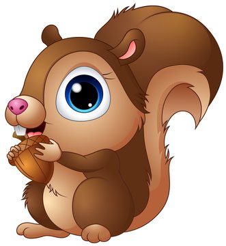 Cute baby squirrel cartoon a holding acorns