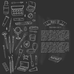 Hand drawn doodle Make up icons set. Vector illustration. Beauty symbols collection. Cartoon face care concept element: powder, mascara, pencil, eye liner, foundation, cream, lipstick, blush, cosmetic