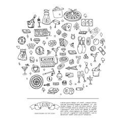 Hand drawn doodle set of Casino icons. Vector illustration set. Cartoon Gambling symbols. Sketchy game elements collection: bet, jackpot, cards, chips, coins, darts, roulette, poker, money, slot.