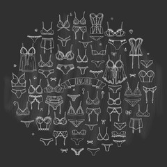 Hand drawn doodle Lingerie icon set. Fashion feminine vector illustration. Sexy lacy woman underwear symbol collection. Cartoon various sketch elements: bra, panties, corset, brassiere, string, bikini
