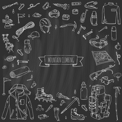 Hand drawn doodle Mountain Climbing icons set. Vector illustration. Mountaineering equipment collection. Cartoon sketch elements for trekking, hiking, tourism, expedition, camping, outdoor recreation.