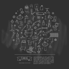 Hand drawn doodle Plumbing icons set. Vector illustration. Plumber repair tools collection. Cartoon water pipe various sketch elements: sink, tube, drain, broken washing machine, splash, drops, leak